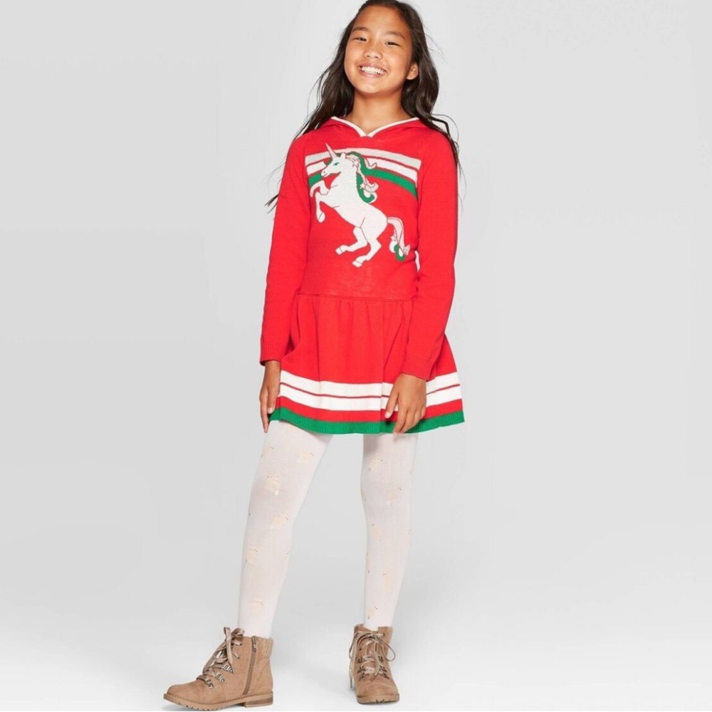 Girls hooded unicorn sweater dress size L (10-12)